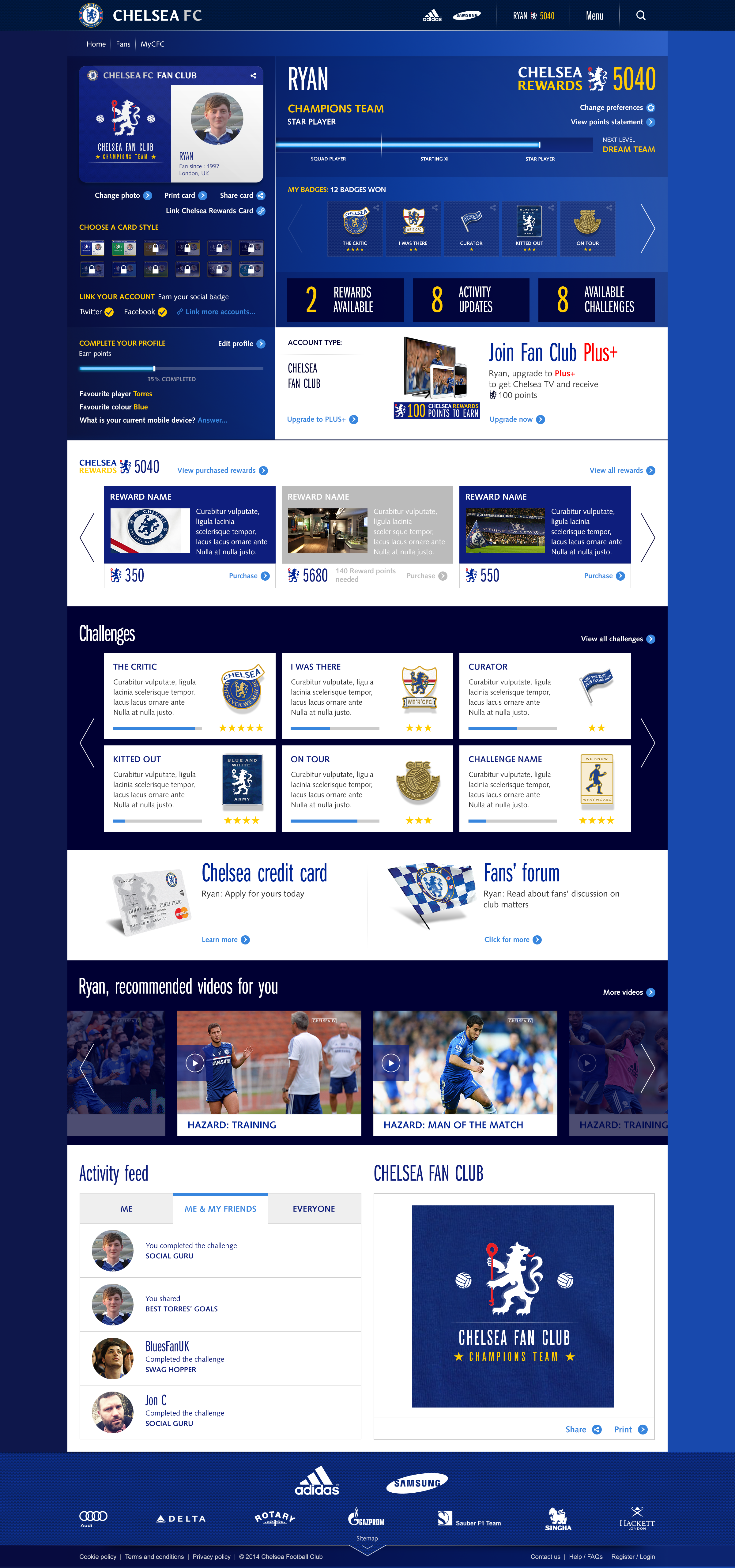 A fan page for the users. The webpage shows points, challenges and badges unique to the user.